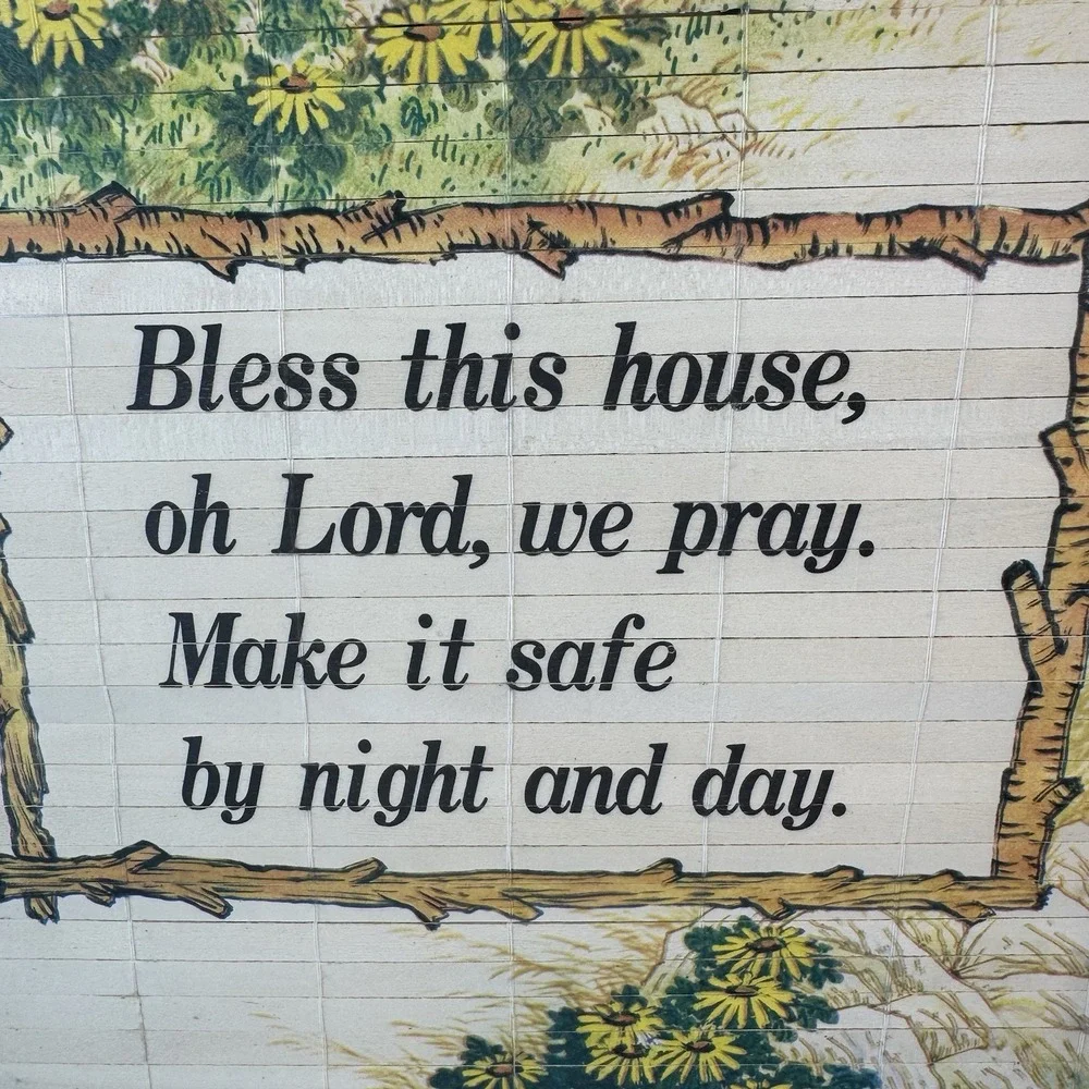 Vtg 1981 Bless This House wooden wall scroll farmhouse cottage decor‎